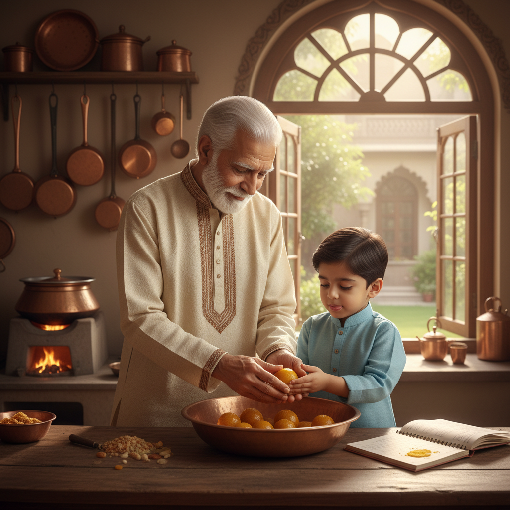 Traditional Indian grandmother in colorful saree preparing pickles in rustic kitchen with copper utensils