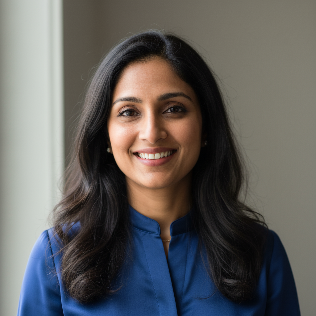 Smiling Indian woman in her 30s with long black hair wearing traditional red saree